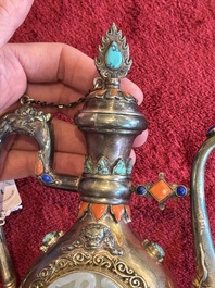 A Chinese jade-inset and hardstone-inlaid silver ewer and cover in Mongolian style, 19th C.