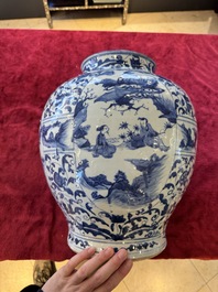 A large Chinese blue and white baluster vase with figures and landscapes, Transitional period
