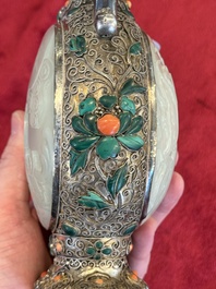 A Chinese jade-inset and hardstone-inlaid silver moonflask and cover in Mongolian style, 19th C.