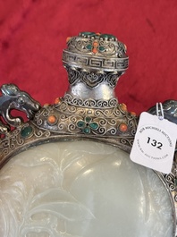 A Chinese jade-inset and hardstone-inlaid silver moonflask and cover in Mongolian style, 19th C.