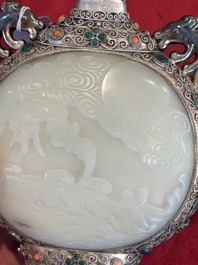 A Chinese jade-inset and hardstone-inlaid silver moonflask and cover in Mongolian style, 19th C.