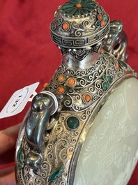 A Chinese jade-inset and hardstone-inlaid silver moonflask and cover in Mongolian style, 19th C.