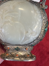 A Chinese jade-inset and hardstone-inlaid silver moonflask and cover in Mongolian style, 19th C.