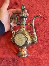 A Chinese jade-inset and hardstone-inlaid silver ewer and cover in Mongolian style, 19th C.