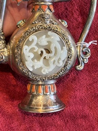A Chinese jade-inset and hardstone-inlaid silver ewer and cover in Mongolian style, 19th C.