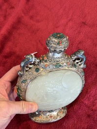 A Chinese jade-inset and hardstone-inlaid silver moonflask and cover in Mongolian style, 19th C.