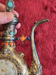 A Chinese jade-inset and hardstone-inlaid silver ewer and cover in Mongolian style, 19th C.
