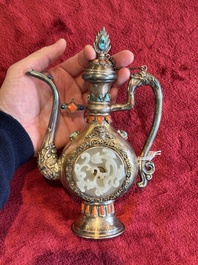 A Chinese jade-inset and hardstone-inlaid silver ewer and cover in Mongolian style, 19th C.