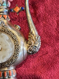 A Chinese jade-inset and hardstone-inlaid silver ewer and cover in Mongolian style, 19th C.