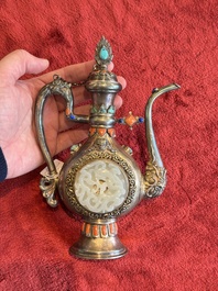 A Chinese jade-inset and hardstone-inlaid silver ewer and cover in Mongolian style, 19th C.
