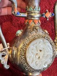 A Chinese jade-inset and hardstone-inlaid silver ewer and cover in Mongolian style, 19th C.
