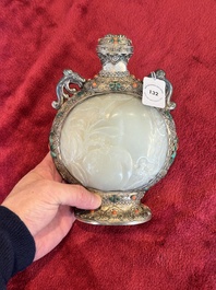 A Chinese jade-inset and hardstone-inlaid silver moonflask and cover in Mongolian style, 19th C.