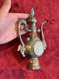 A Chinese jade-inset and hardstone-inlaid silver ewer and cover in Mongolian style, 19th C.