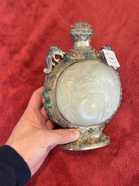A Chinese jade-inset and hardstone-inlaid silver moonflask and cover in Mongolian style, 19th C.