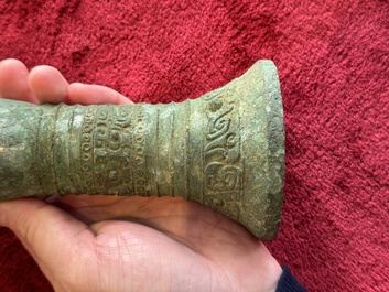 A Chinese archaic bronze ritual wine vessel, 'gu 觚', Shang