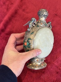 A Chinese jade-inset and hardstone-inlaid silver moonflask and cover in Mongolian style, 19th C.