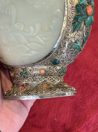 A Chinese jade-inset and hardstone-inlaid silver moonflask and cover in Mongolian style, 19th C.
