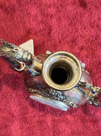 A Chinese jade-inset and hardstone-inlaid silver ewer and cover in Mongolian style, 19th C.