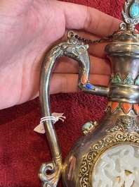 A Chinese jade-inset and hardstone-inlaid silver ewer and cover in Mongolian style, 19th C.