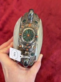 A Chinese jade-inset and hardstone-inlaid silver moonflask and cover in Mongolian style, 19th C.