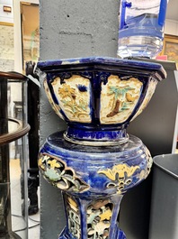 A Chinese or Vietnamese polychrome-glaze pottery jardini&egrave;re and stand, 19th C.