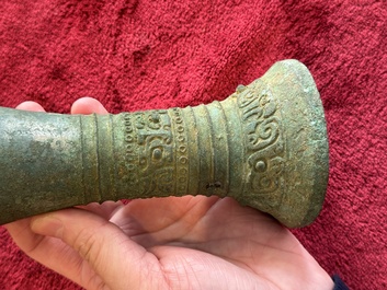 A Chinese archaic bronze ritual wine vessel, 'gu 觚', Shang