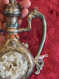 A Chinese jade-inset and hardstone-inlaid silver ewer and cover in Mongolian style, 19th C.