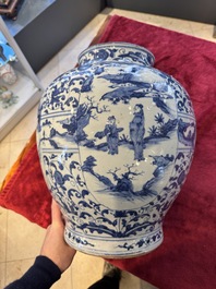 A large Chinese blue and white baluster vase with figures and landscapes, Transitional period