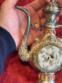 A Chinese jade-inset and hardstone-inlaid silver ewer and cover in Mongolian style, 19th C.