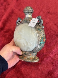 A Chinese jade-inset and hardstone-inlaid silver moonflask and cover in Mongolian style, 19th C.