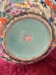 A large Chinese famille rose 'millefleurs' 'tianqiuping' vase, Qianlong mark, 20th C.