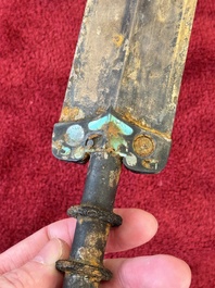 A rare Chinese turquoise-inlaid parcel-gilt bronze sword, Zhou