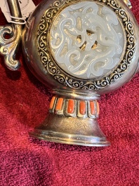 A Chinese jade-inset and hardstone-inlaid silver ewer and cover in Mongolian style, 19th C.