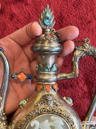 A Chinese jade-inset and hardstone-inlaid silver ewer and cover in Mongolian style, 19th C.