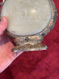 A Chinese jade-inset and hardstone-inlaid silver moonflask and cover in Mongolian style, 19th C.