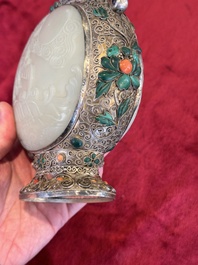 A Chinese jade-inset and hardstone-inlaid silver moonflask and cover in Mongolian style, 19th C.