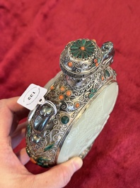 A Chinese jade-inset and hardstone-inlaid silver moonflask and cover in Mongolian style, 19th C.