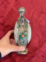 A Chinese jade-inset and hardstone-inlaid silver moonflask and cover in Mongolian style, 19th C.