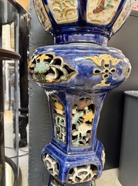 A Chinese or Vietnamese polychrome-glaze pottery jardini&egrave;re and stand, 19th C.