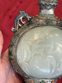 A Chinese jade-inset and hardstone-inlaid silver moonflask and cover in Mongolian style, 19th C.