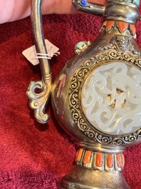 A Chinese jade-inset and hardstone-inlaid silver ewer and cover in Mongolian style, 19th C.
