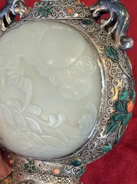 A Chinese jade-inset and hardstone-inlaid silver moonflask and cover in Mongolian style, 19th C.