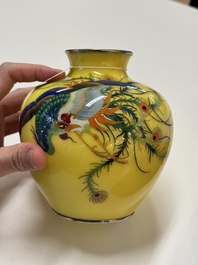 A Japanese yellow-ground cloisonn&eacute; 'phoenix' vase, Meiji/Taisho, 19/20th C.