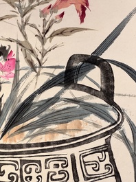 Wang Xuetao 王雪濤 (1903-1982): 'Ritual vessels and flowers', ink and colour on paper