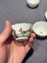 A pair of Chinese eggshell white-glazed cups and saucers, and two famille rose cups, 18th C.
