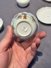 A pair of Chinese eggshell white-glazed cups and saucers, and two famille rose cups, 18th C.