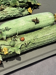 Two Chinese polychrome groups of cucumbers and bitter melons with insects, 19/20th C.