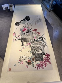 Wang Xuetao 王雪濤 (1903-1982): 'Ritual vessels and flowers', ink and colour on paper