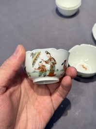 A pair of Chinese eggshell white-glazed cups and saucers, and two famille rose cups, 18th C.