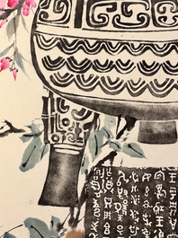 Wang Xuetao 王雪濤 (1903-1982): 'Ritual vessels and flowers', ink and colour on paper